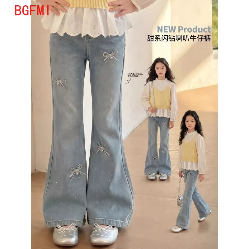 2026 Spring Autumn Children Fashion Micro Elasticity Denim Trumpet Pants Teenagers Girls Bow Jeans Flared Pants for Girls 4-13Y