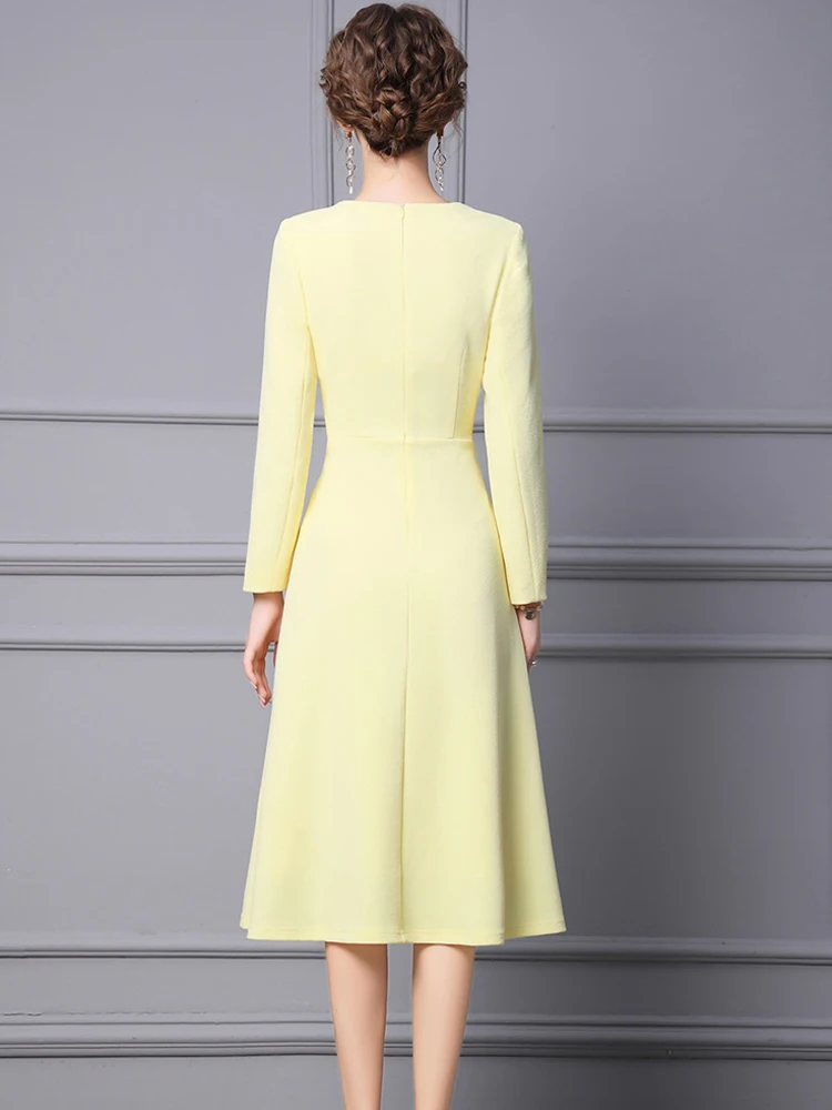 ZJYT Designer Elegant Autumn Long Sleeve Dress Women Yellow Midi Party Vestidos 2022 New Fashion Solid Casual Robe Femme XXL