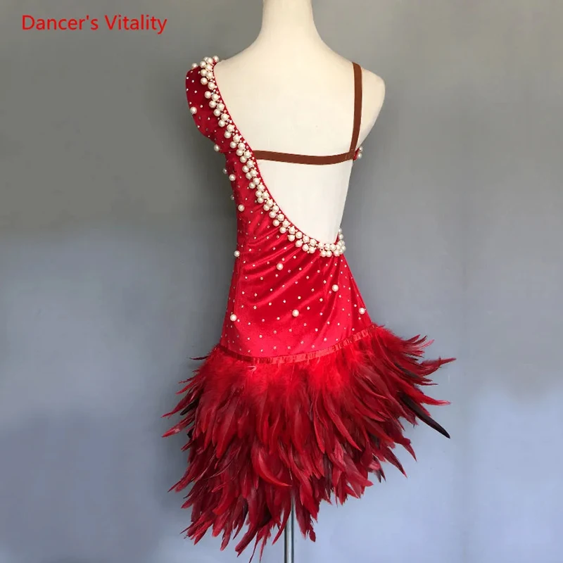 Luxury Pearls Feather Dress Women/Girls Latin Dance Performance Clothing Adult Kids Ballroom Dance Competition Costume