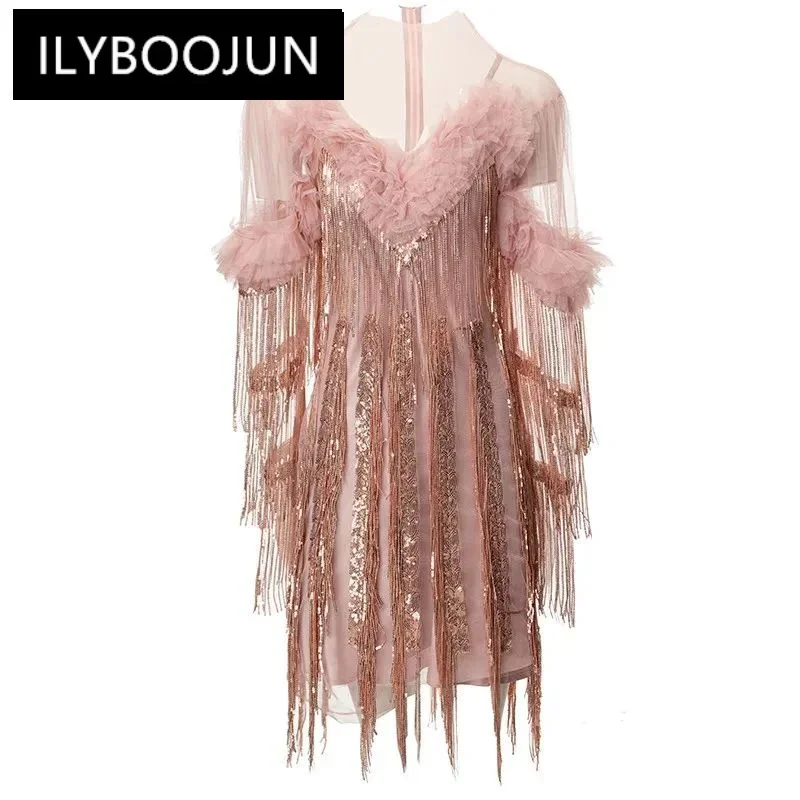 

ILYBOOJUN Fashion Designer spring Summer Women's O-Neck Sexy Strapless Sequin Tassel Mesh Shawl With Ruffled Edges Dresses