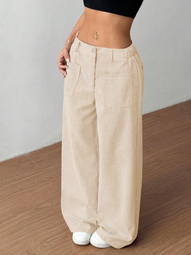Women Corduroy Wide Leg Pants High Waist Front Patch Pockets Button Fly Loose Straight Leg Vintage Casual Trousers
