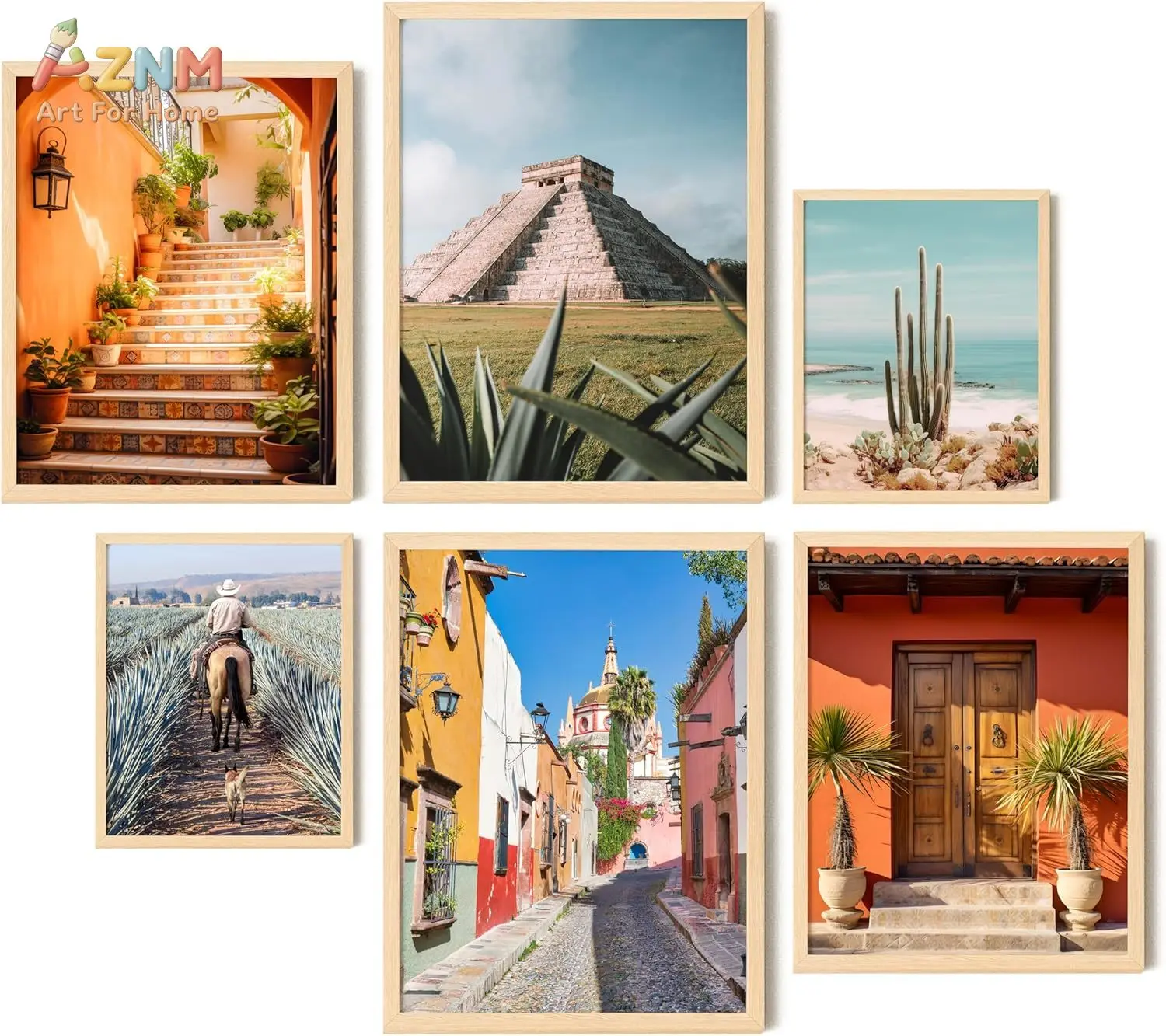 AZNM Mexican Landscape Canvas Wall Art Pyramid Agave Cactus Colorful Street Travel Scenery Print Boho Southwest Home Decor Unfra