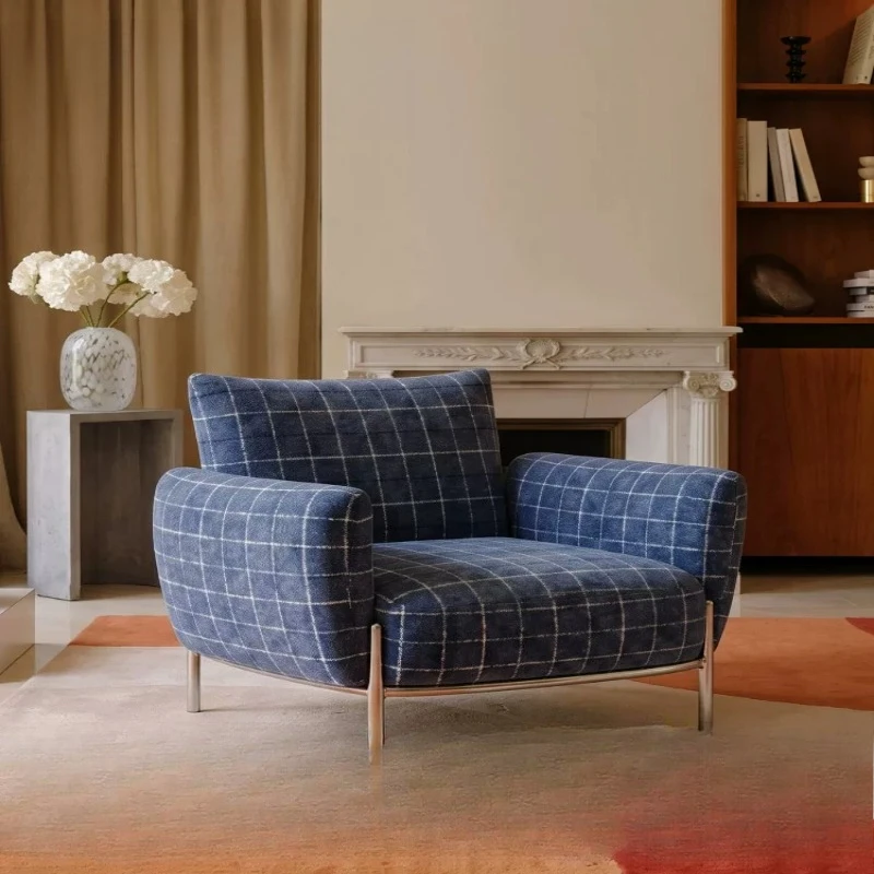 Retro nostalgic style blue plaid fabric leisure chair soft bag back chair living room balcony cafe clock in leisure chair