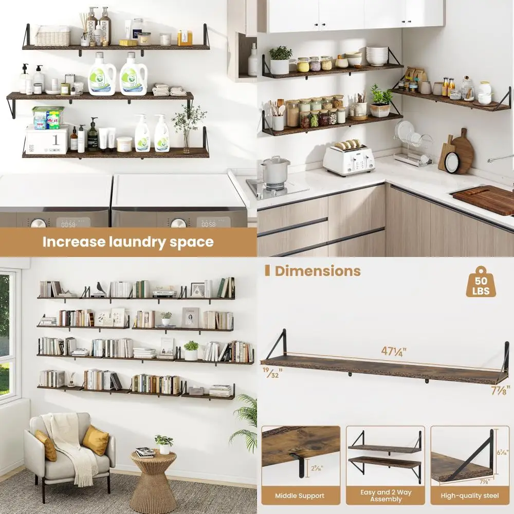 

Set of 3 Rustic Brown Wall-Mounted Book Shelves, 47.2 Long, Heavy Duty for Living Room, Kitchen, Laundry Storage & Decor