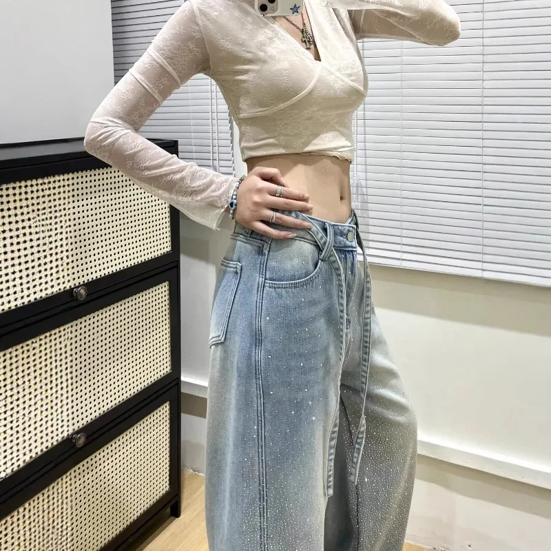 New Women's Full of Stars, Jeans, Spring Autumn Hot Diamonds Full of Denim Wide-leg Pants, Female Casual Micro-mopping Trousers