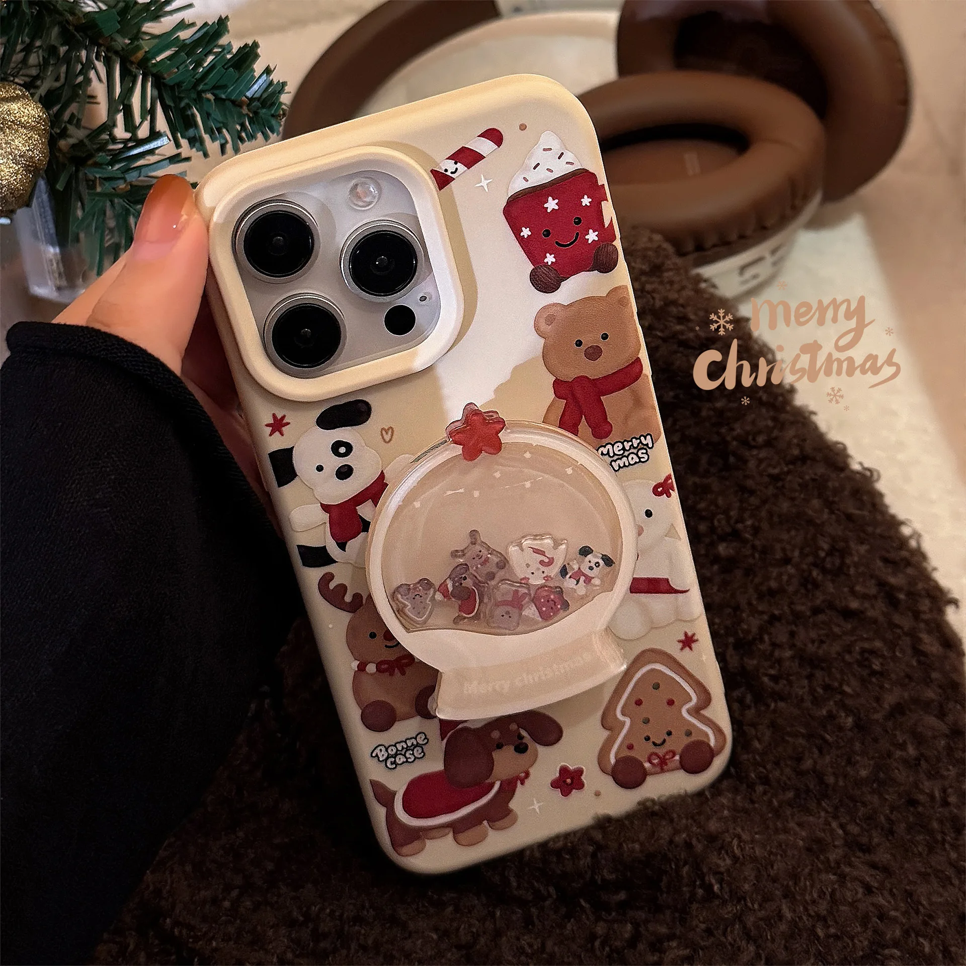 Christmas Crystal Ball Rocking Stand Mobile Phone Case With Stand For iPhone16PRO/15promax Phone Case With Chain For iphone12/14