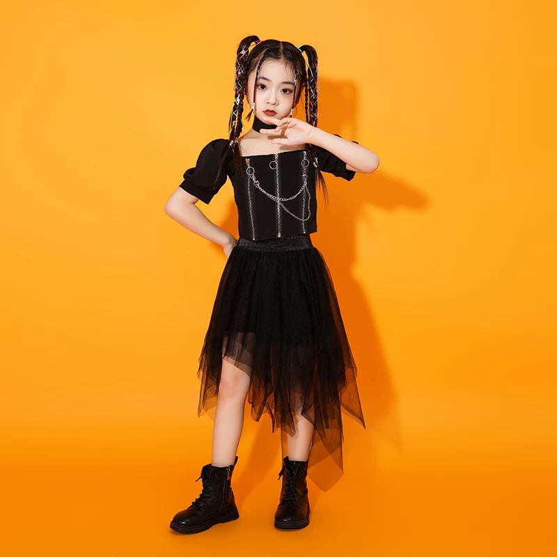 Kids Black Showing Street Outfits Teenage Hip Hop Clothing Crop Tank Tshirt Mesh Skirt for Girls Cool Jazz Dance Costume Clothes