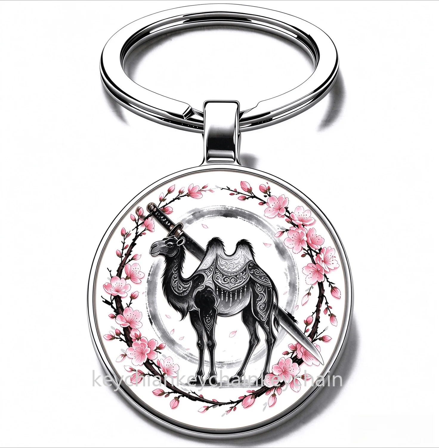 Japanese Camel Cherry Blossom Katana Keychain Samurai Sword Sakura Wreath Key Ring Car Bag Pendant Men Gift