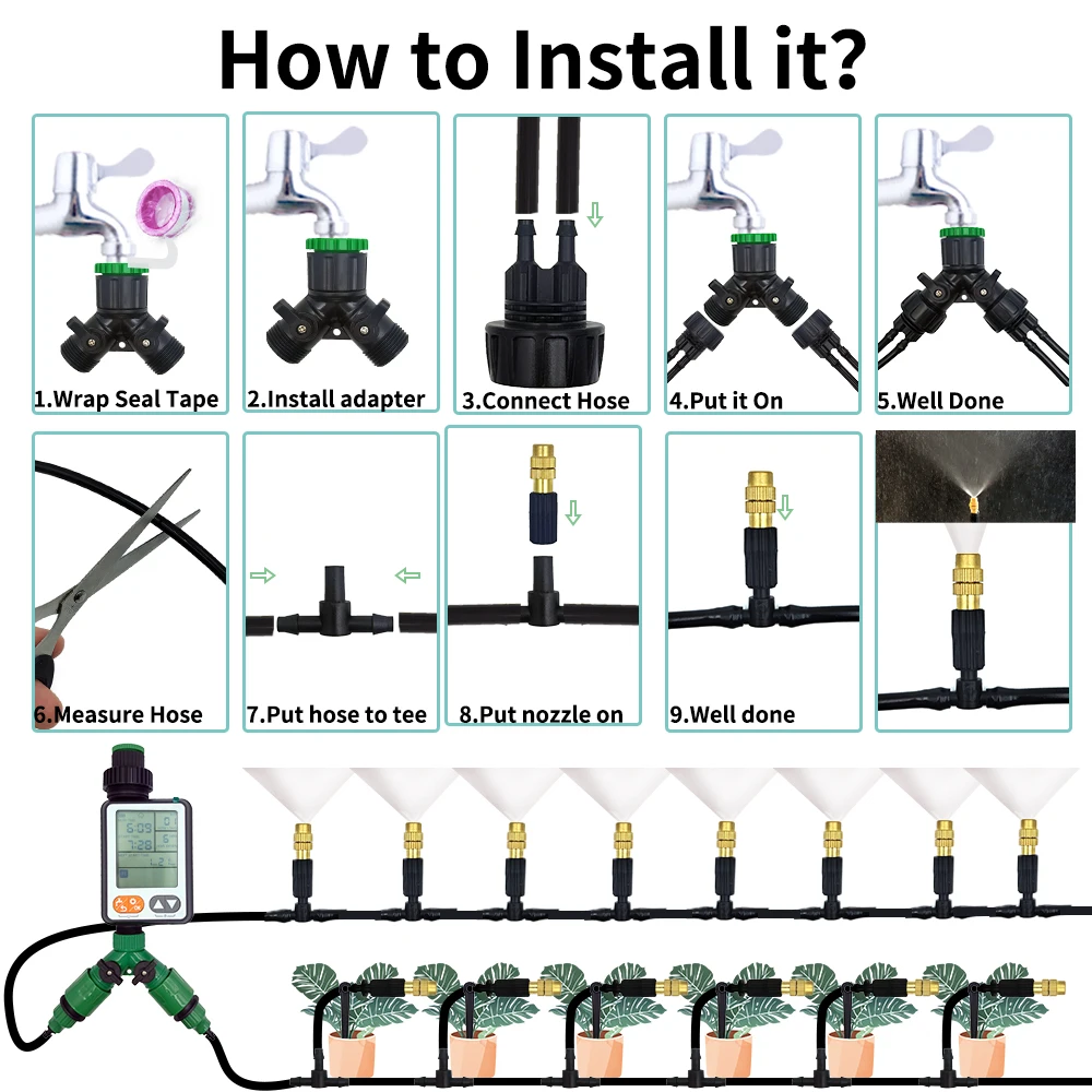 15M-30M Outdoor Misting Cooling System Garden Irrigation Watering 1/4\'\' Brass Atomizer Nozzles 4/7mm Hose for Patio Greenhouse