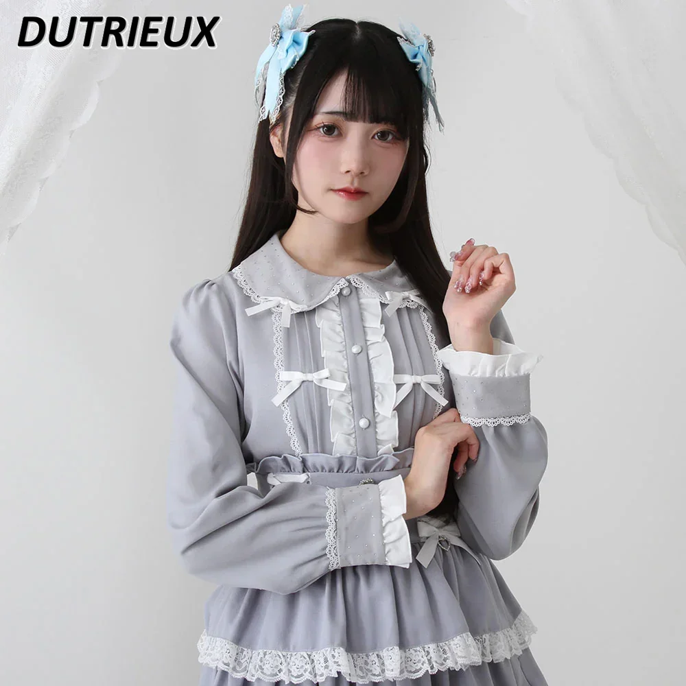 Primavera outono japonês doce e bonito lolita camisa arco renda emenda blusas casuais cor sólida interior manga longa topos para mulher