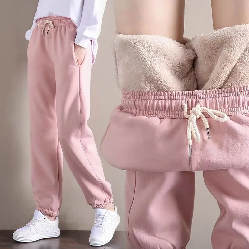 Winter Lambswool Warm Casual Pants Winter Fleece Lined Sweatpants High Waist Stretchy Thick Warm Thermal Pants