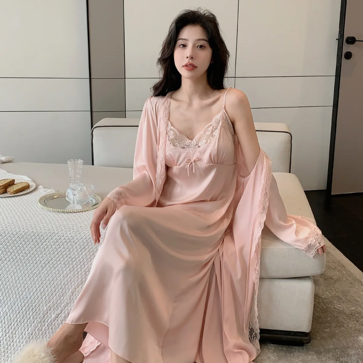 2PCS Women Lace Long Robe Set Nightgown Underwear Summer Faux Silk Bathrobe Gown Suit Sleepwear Kimono Homedress Lingerie