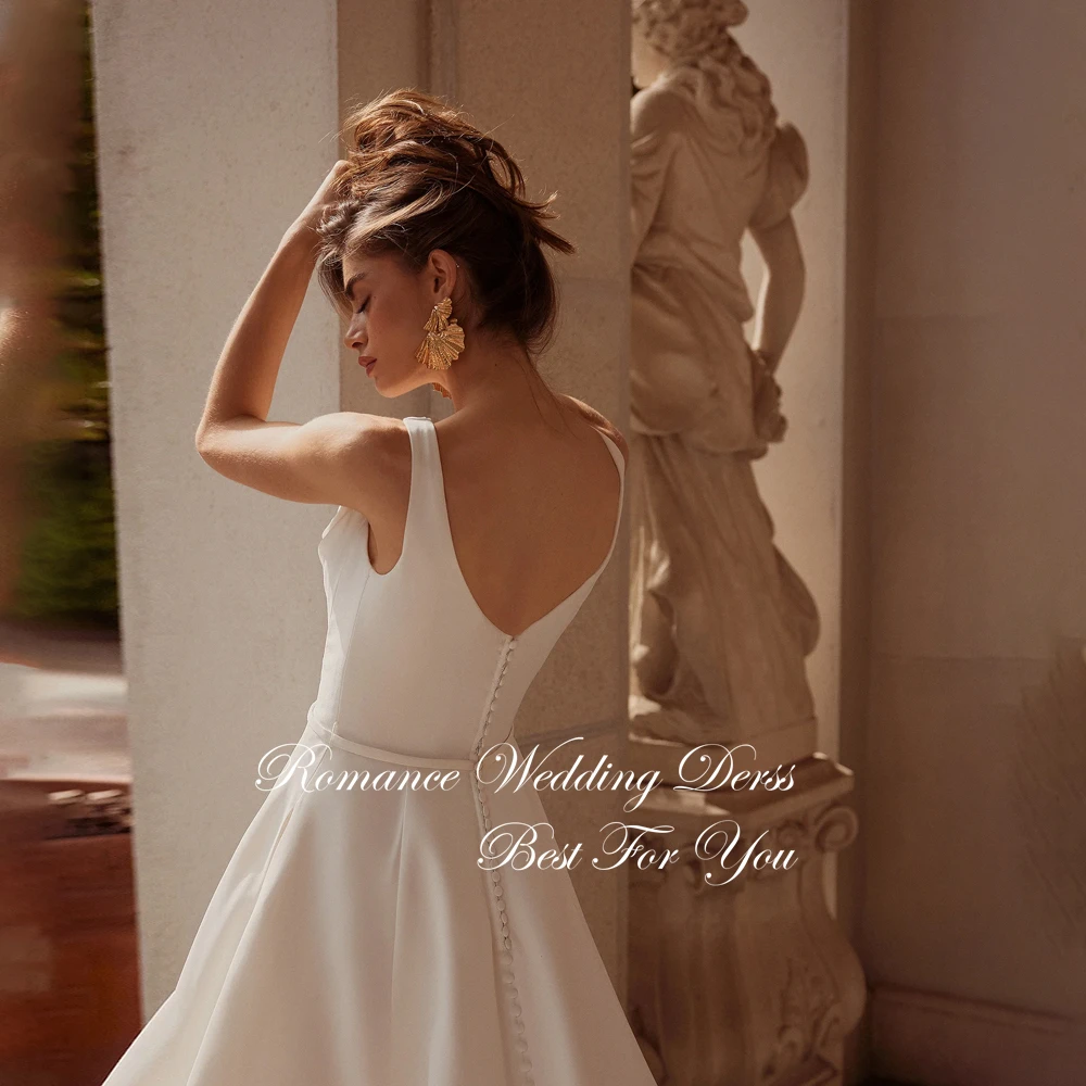 Clássico plissado barco-pescoço a linha vestido de casamento feminino com bolso sem mangas alças espaguete aberto volta vestido de novia personalizado