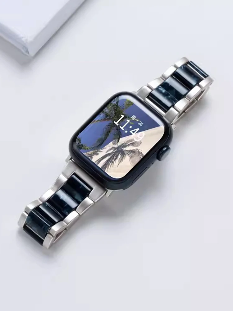 Starlight Resin Band For Apple Watch 9 Ultra 2 49mm 41 45mm Steel Metal Strap for iWatch Series 9 8 7  6 5 4 se 38 40mm 44 42mm