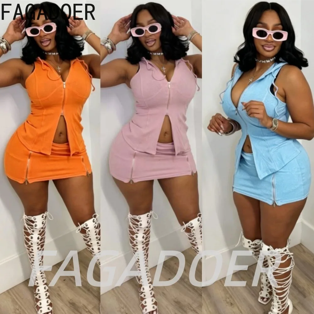 

FAGADOER Streetwear Bodycon Mini Skirt Two Piece Sets Casual Stripe Patchwork V Neck Hooded Crop Top and Zipper Skirt Outfits