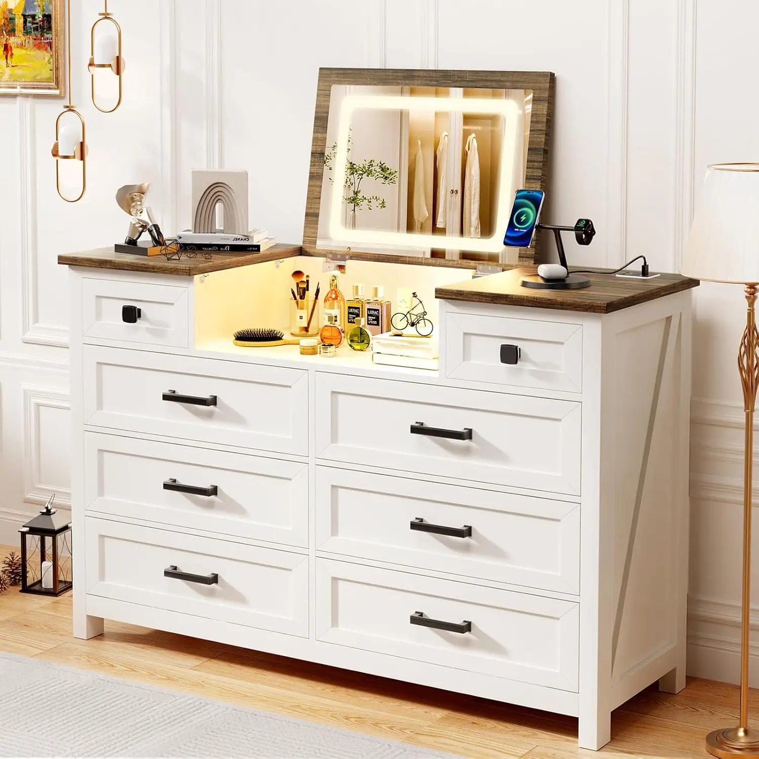 Dresser With Mirror For Bedroom, 8 Drawer Dresser With Charging Station, Farmhouse Chest Of Drawers For Bedroom, Hallway, Kids