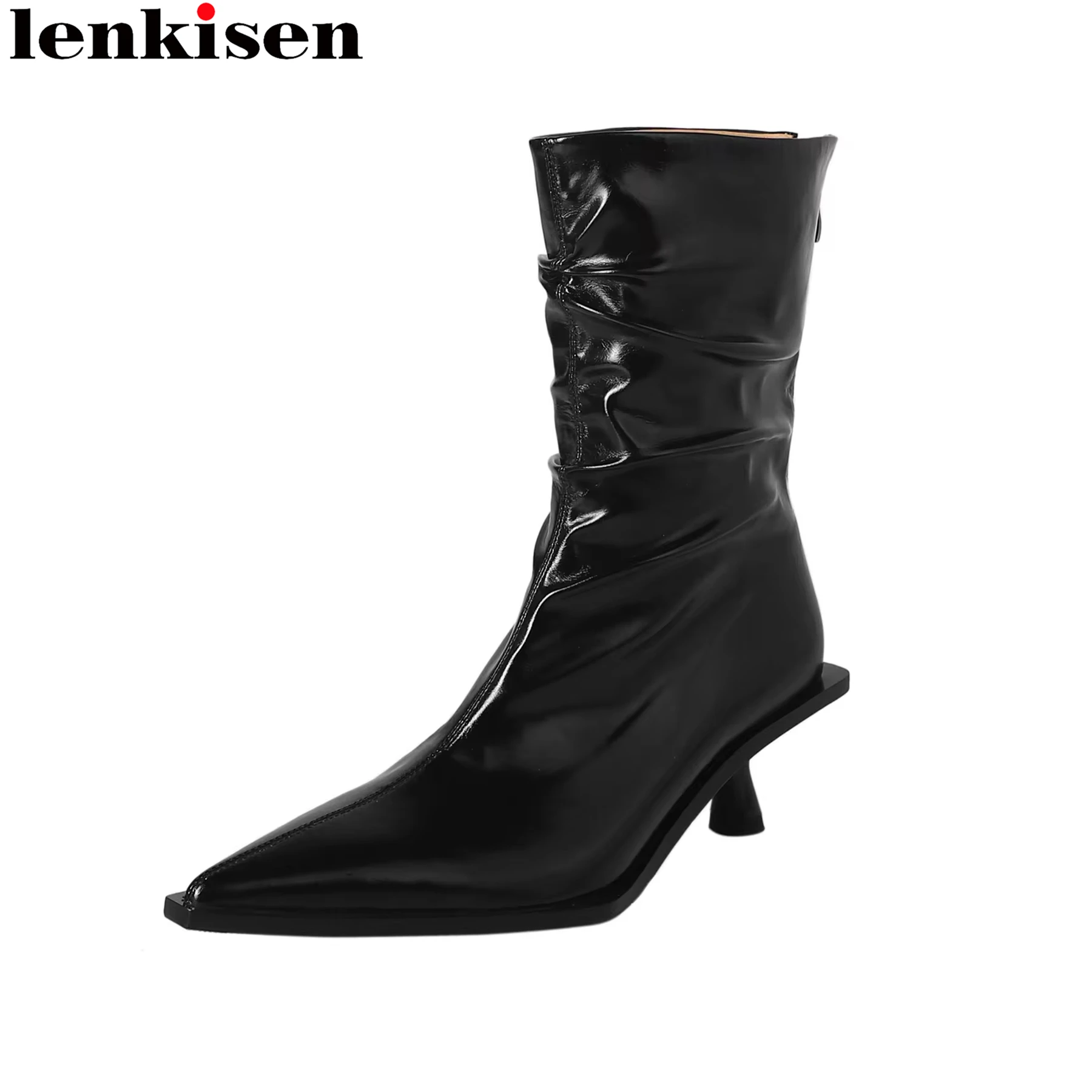 

Lenkisen Stretch Fabric High Heels Stretch Boots Pointed Toe Pleated Winter Fall Brand Office Lady Elegant Women Mid-calf Boots