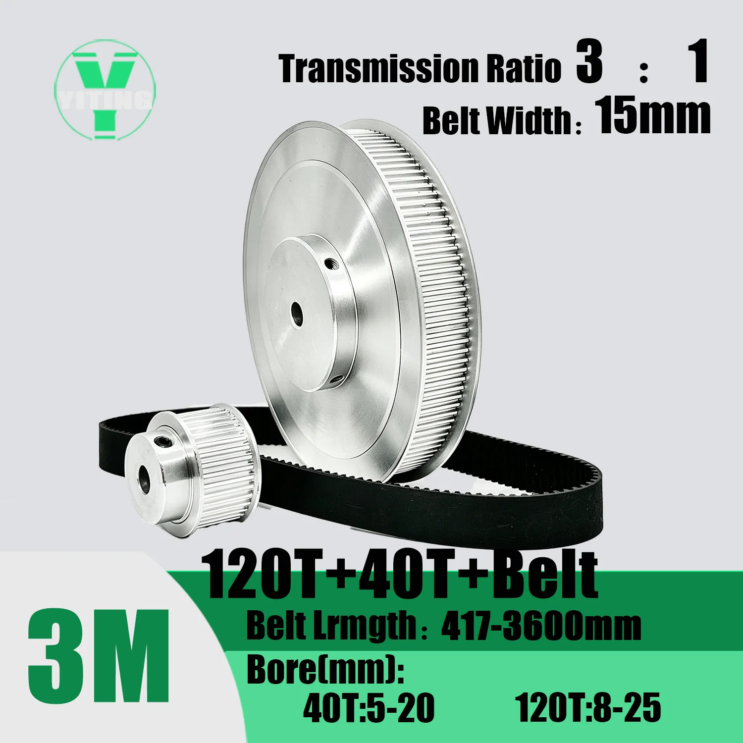 HTD3M 40T 120Teeth Timing Pulley Belt Set Belt Width 15mm Bore 5~25mm Reduction 3:1 Deceleration 3M Pulley Kit Synchronous Wheel