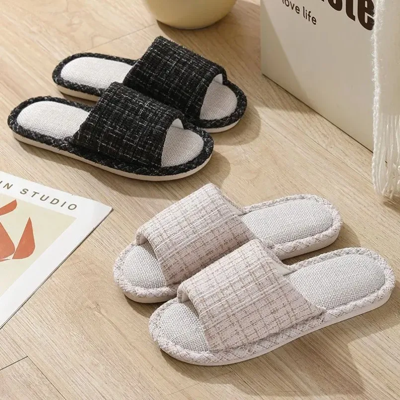 House Striped Slippers Women Autumn Home Linen Couples Indoor Non Slip Funny Sandals Cartoon Shoes Male Soft Flat Flax Summer