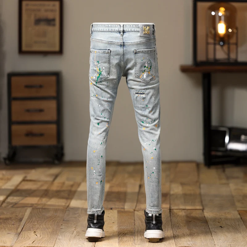 High Street Fashion Men Jeans Retro Light Blue Painted Designer Stretch Slim Ripped Jeans Men Hip Hop Denim Pencil Pants Hombre