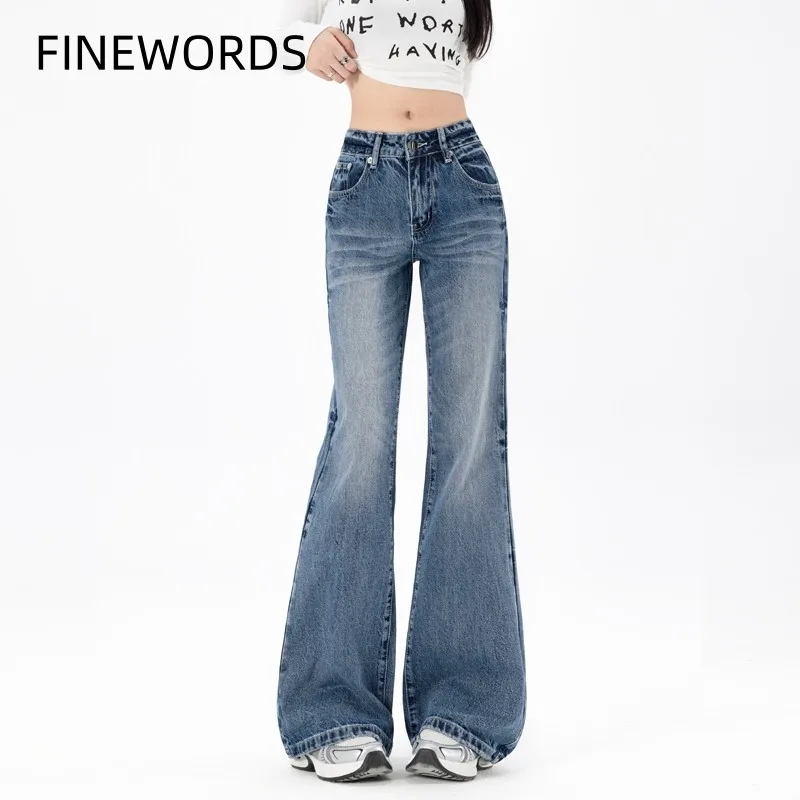 FINEWORDS Vintage Washed Casual Bell Bottom High Waist Jeans Women Korean Easymatch Flared Jeans Streetwear Loose Boot Cut Jean