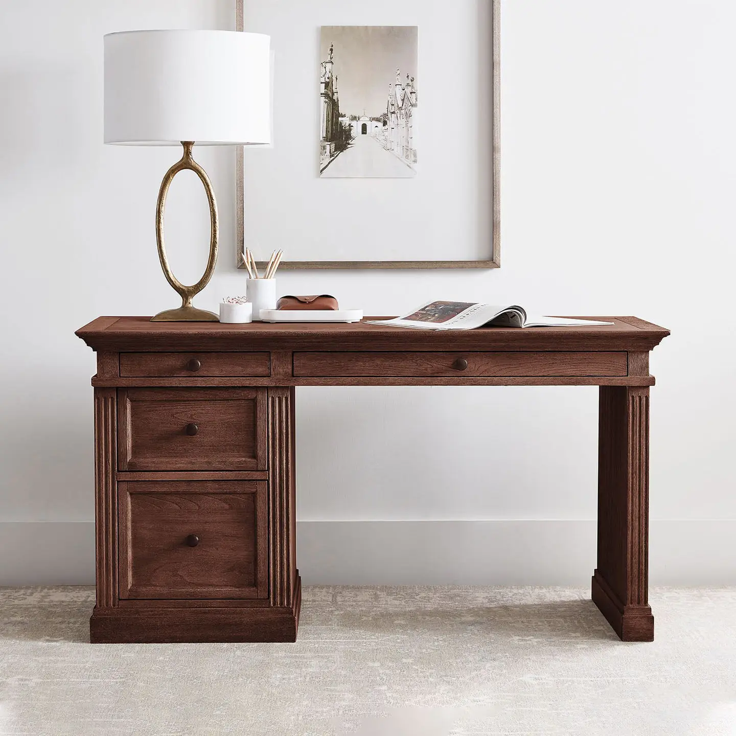 HYS American country retro old solid wood desk French high-end oak computer desk simple writing