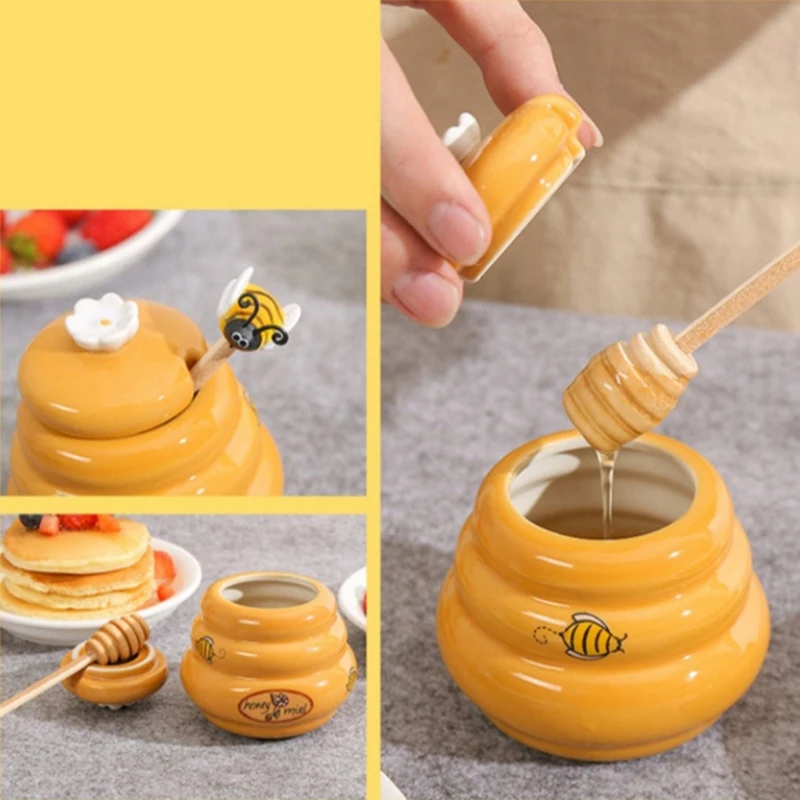 Ceramic Beehive Honey Pot And Wooden Dipper Honey Jar With Lid Honey Stir Bar For Honey Jar Supplies Kitchen Accessories