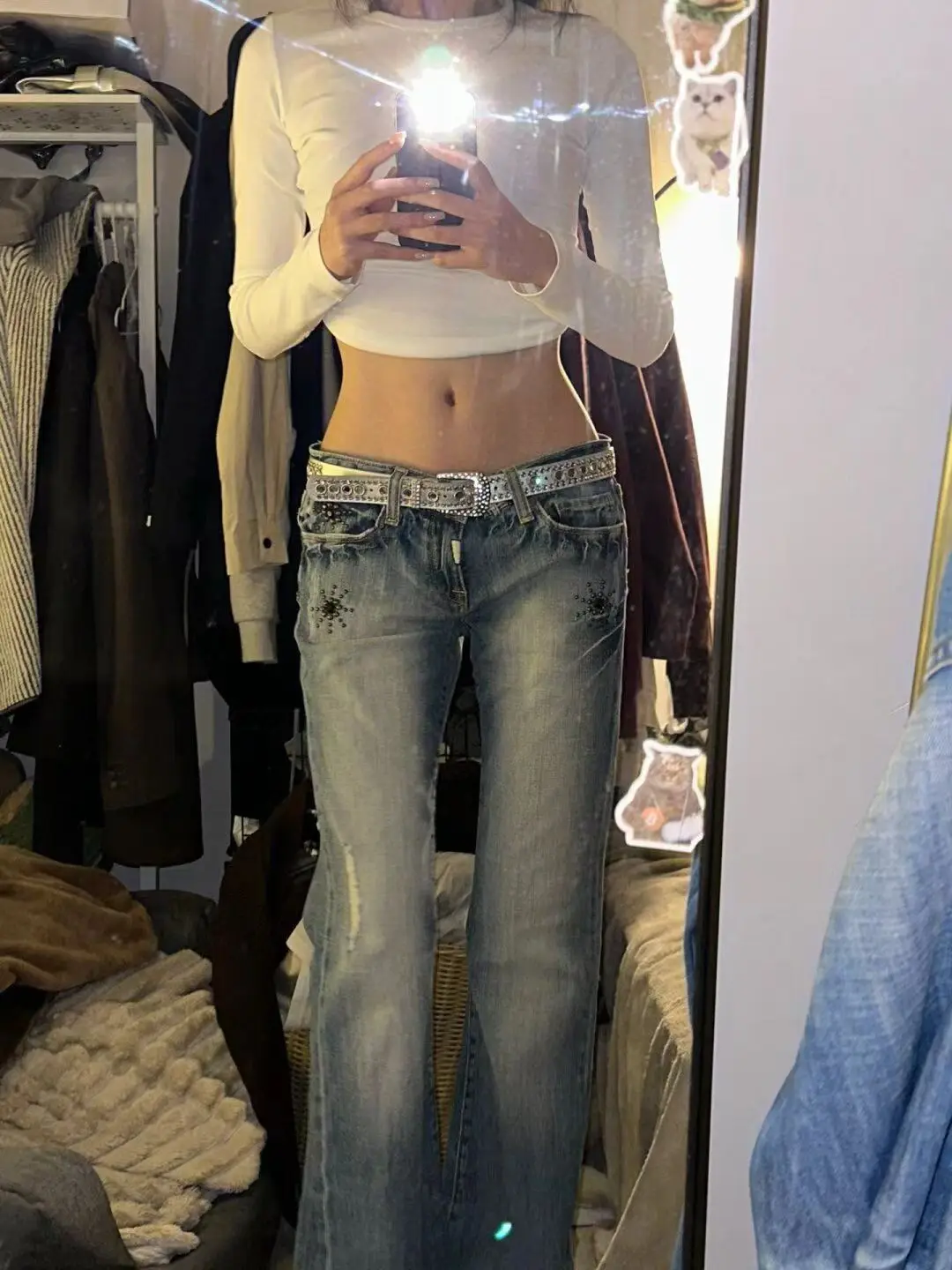 

Американские винтажные джинсы-клеш с низкой талией Y2K, женская одежда, выцветший утягивающий дизайн с трещинами, сверхпрочные перетаскивающиеся брюки, прямые брюки