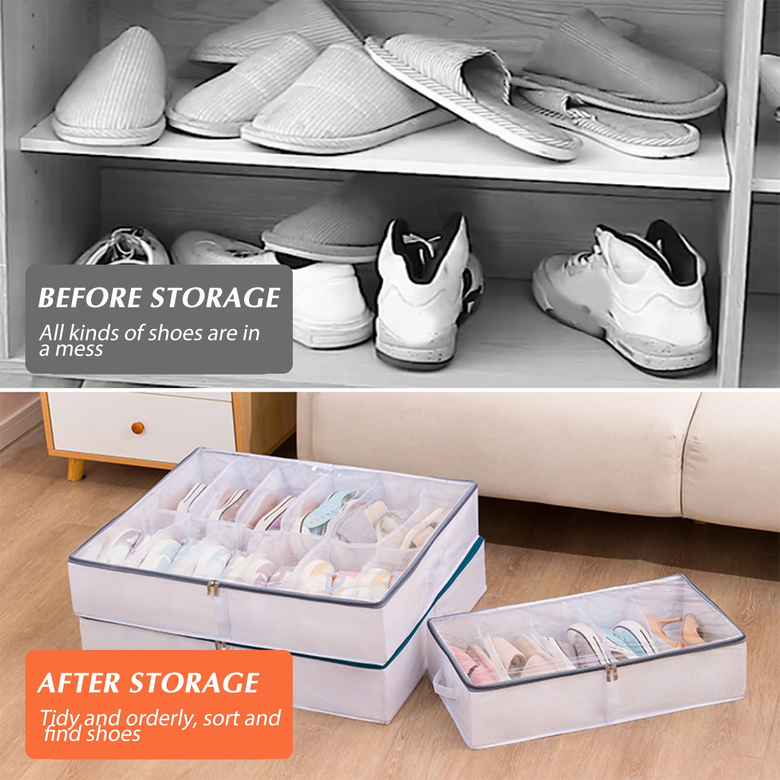 ภายใต้ Kotak Penyimpanan Sepatu ขนาดใหญ่รองเท้า Organizer ถังเก็บล้างทำความสะอาดได้ฝุ่น Proof กล่องรองเท้าแบบพับเก็บได้กล่องใส่เสื้อผ้า