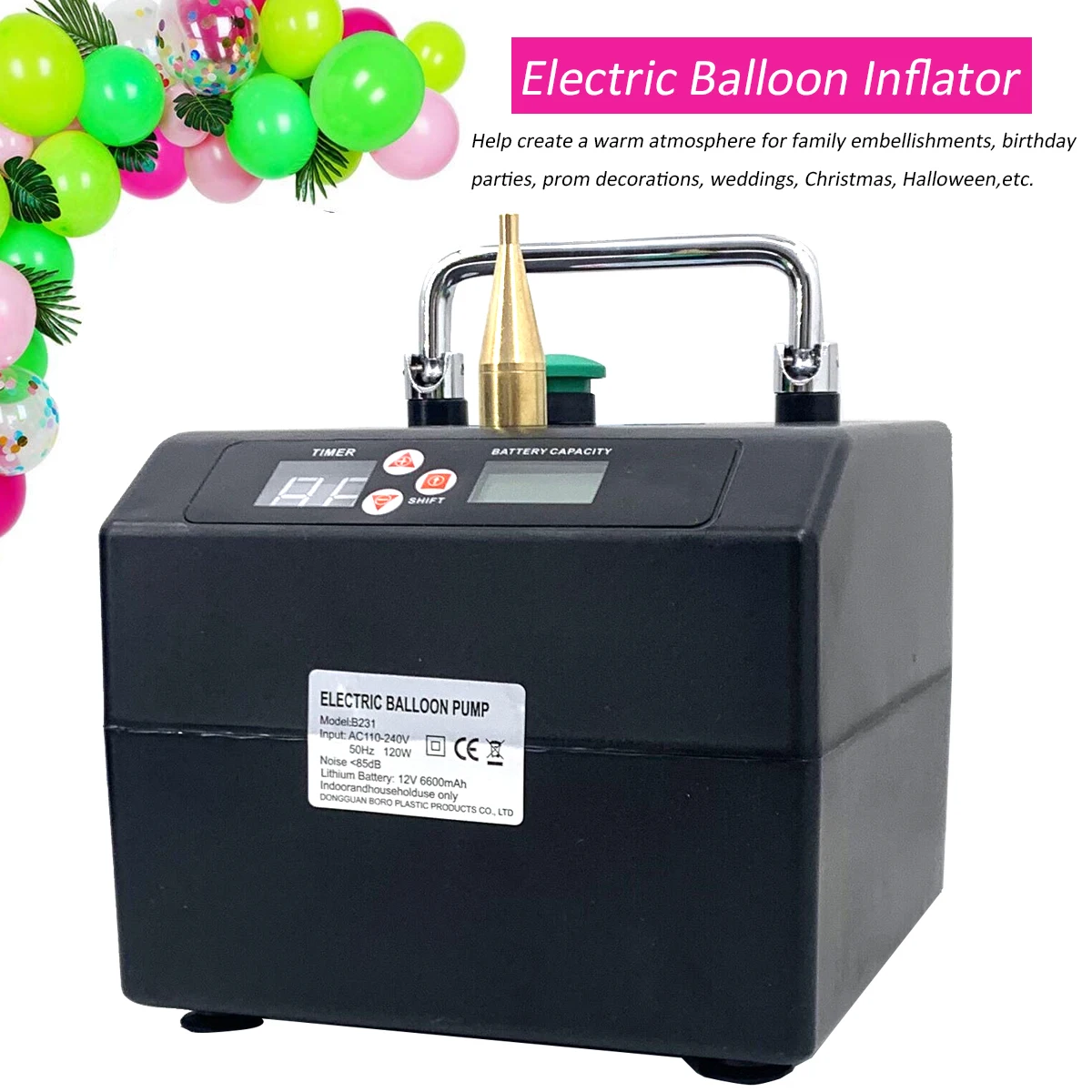 120W Electric Balloon Pump 110V-240V Balloon Inflator Copper Nozzle Air Blower with Battery Digital Timer and Counter for Party