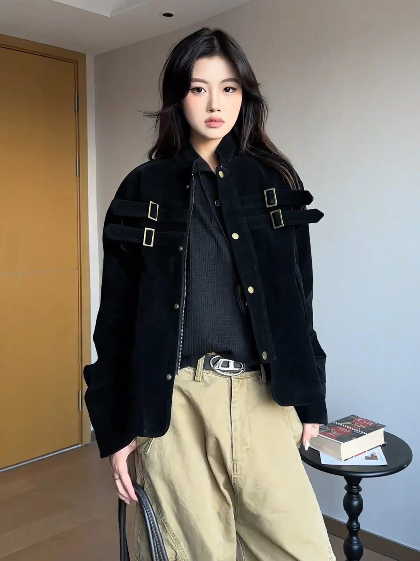 

Bla Suede ort Jaet Men's Autumn Belted Patchwork Workwear American Retro Stand Collar Baseball orm Loose Fit Youth ...