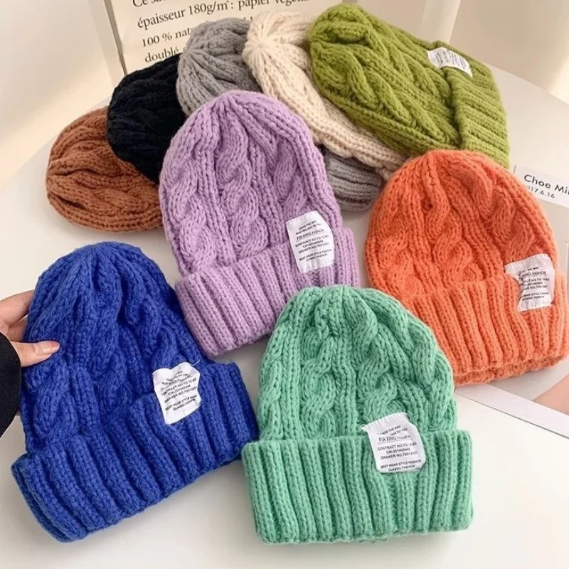 1/3/5PCS Korean Style Solid Twist Knit Beanie Candy Color Winter Hat Warm Unisex Outdoor Sports Cap for Women Fall Gift