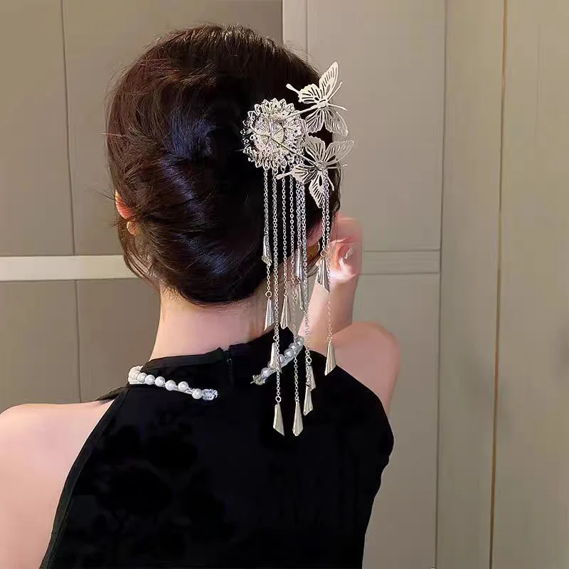 Ancient Style Metal Flowers Butterfly Tassel Hairpin for Women Fashion Hair Jewelry Hanfu Hair Accessories Wholesale Headwear