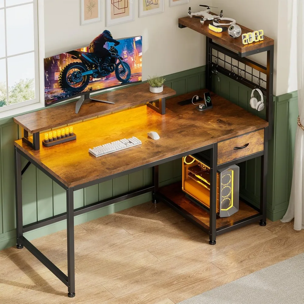

40" Reversible Computer Desk with Power Outlets & LED Lights,Home Office Desk with Drawers & Storage Shelves, Gaming Desk with