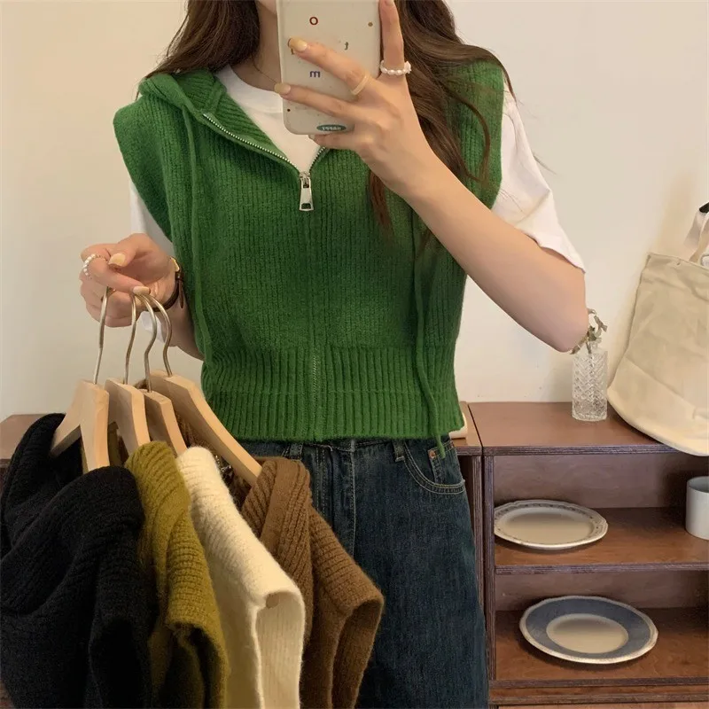 Hooded Sweater Vest kpop zipper knitted cardigan loose women Sleeveless Jumper Tops knitwears womens clothing y2k coat NS5926