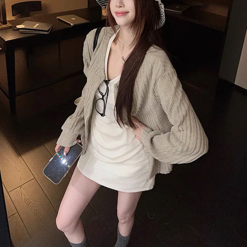 Basic Korean Solid Color Knitted Cardigan Autumn New Casual V-Neck Women's Clothing Long Sleeve Vintage Single-breasted Sweaters 2