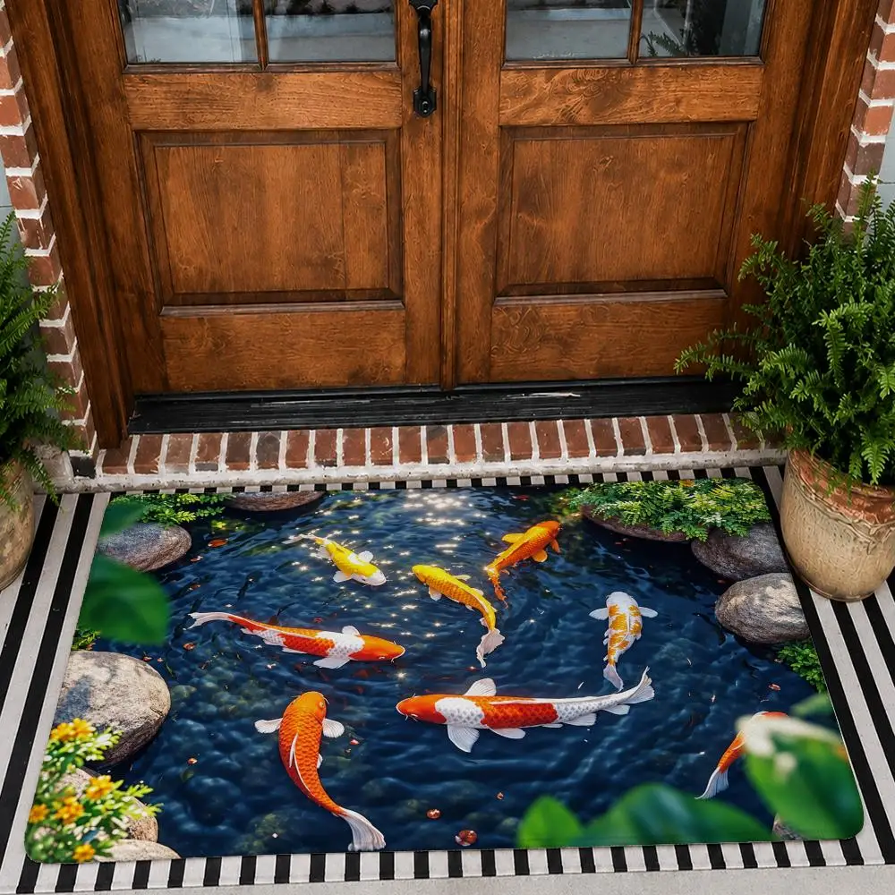 Koi Swimming In Clear Pond Floor Mat Flannel Rug Non Slip Absorbent Soft Washable For Entryway Hallway Bathroom Kitchen Decor