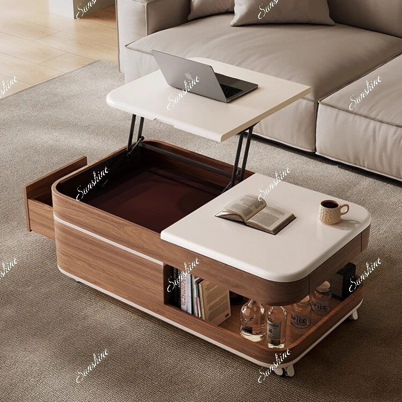 Solid wood modern simple living room movable square multi-function with wheels lifting coffee table