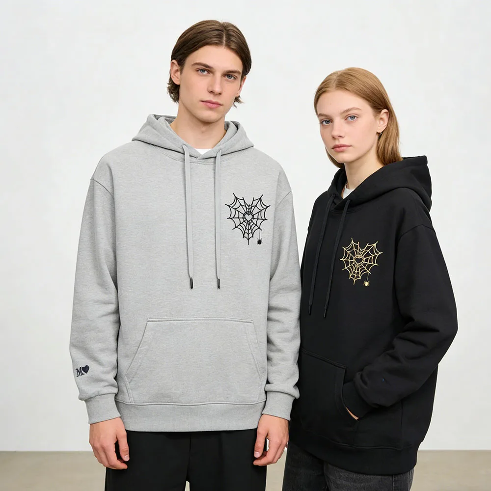 Custom Name Icon Spider Web Heart Couple Hoodie Valentine Day Matching Sweatshirts Unisex Drawstring Hooded Sweatshirt