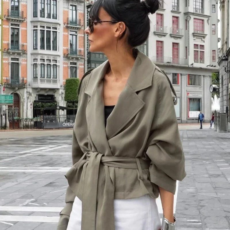 

Lace Up Pocket Trench Coat Women's Chic Solid Lapel Full Long Sleeves Windbreaker Jacket Autumn Lady New Street Outerwear