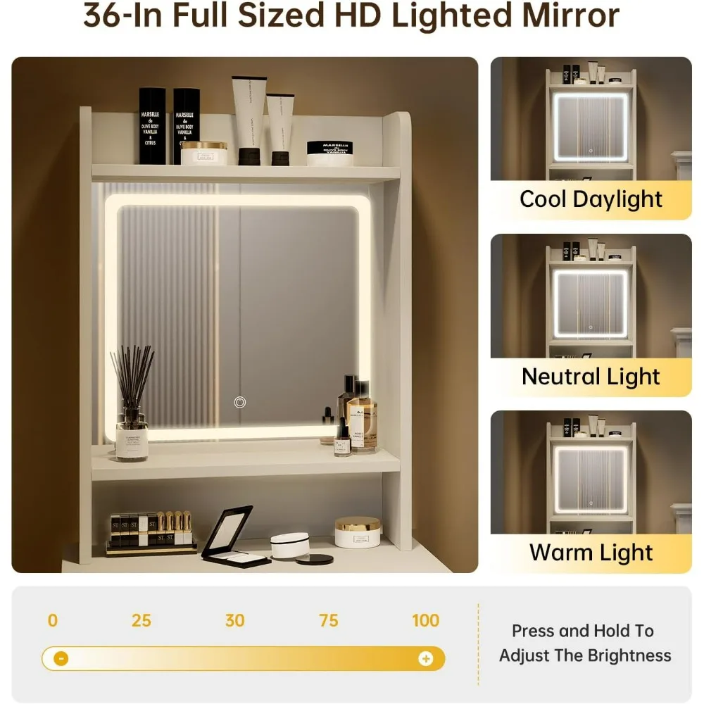 Small Vanity Desk with 3 Adjustable Lighted LED Mirror and Power Outlet