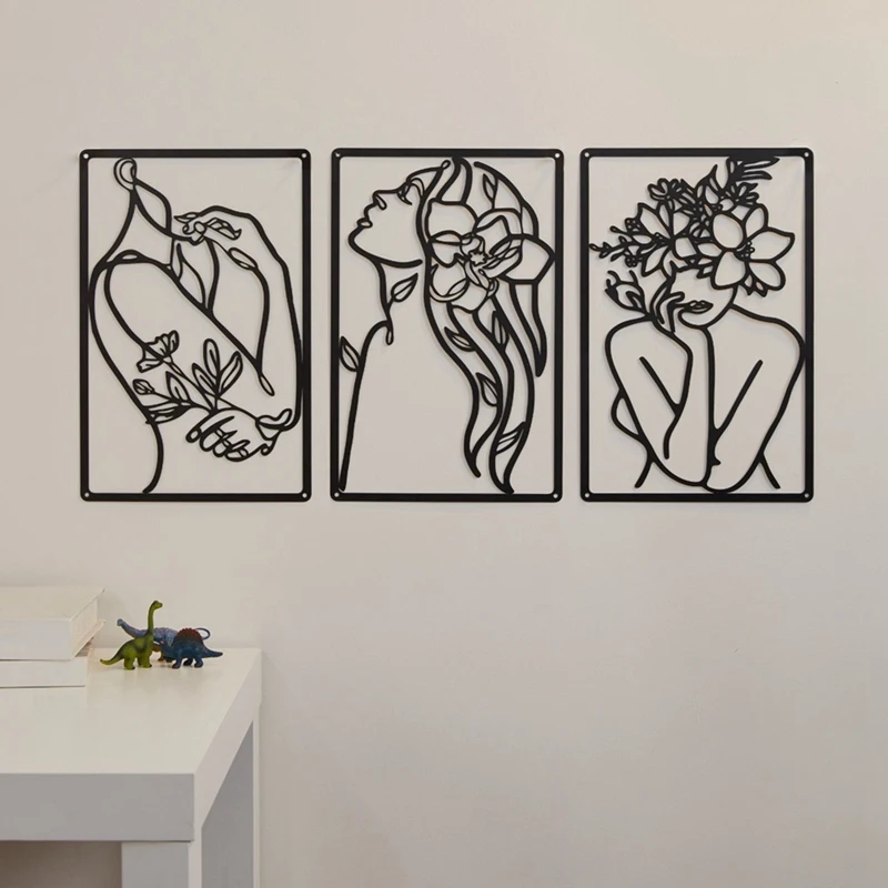 Arte de pared de mujer abstracta minimalista de Metal, dibujo de líneas, decoración de Arte de pared, una sola línea, colgante para el hogar, duradero, 3 piezas