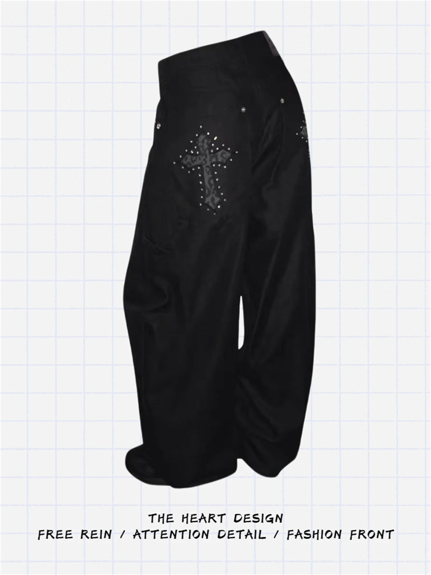 

Women's High Waist Wide Leg Black Jeans Cross Patch Studded Detail Vintage Washed Gothic Y2K Streetwear Loose Denim Trousers