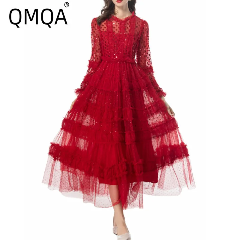 QMQA Fashion Women's Sequins Dresses Long Sleeve Luxury Ruffle Edge Splicing Wine Red Elegant Dress 2025 New Spring 1A806