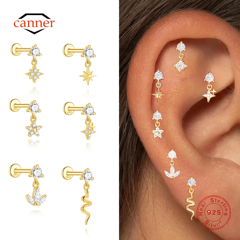 

CANNER 1PC 925 Sterling Silver Eight Pointed Star Pendant Flat head Piercing Stud Earring For Women Ins Crown Five Petal Earring