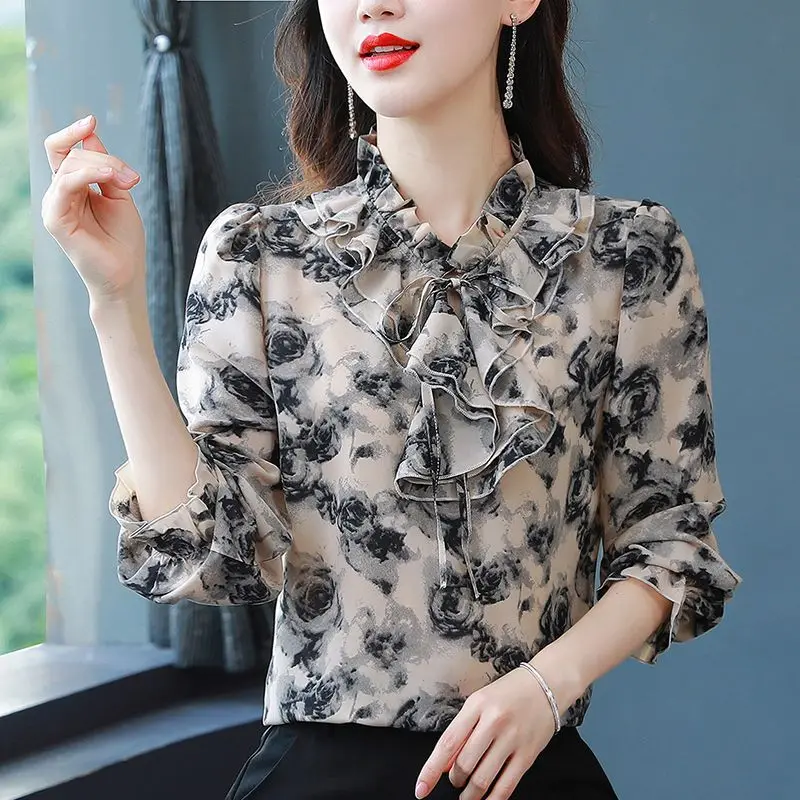 Women\'s Korean Fashion Silk Ruffles Bow Floral Printed Blouse Vintage Elegant Lace Up Shirt Female Casual Long Sleeve Loose Tops