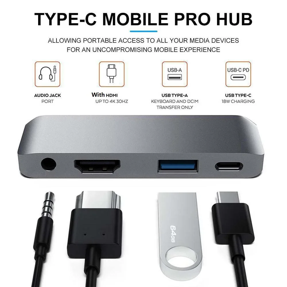 4 in 1 HUB USB to Type C A with HDMI 3.5 Audio Earphone Output Extend Adapter Video Converter for iPad Pro 2018 Cable Splitter