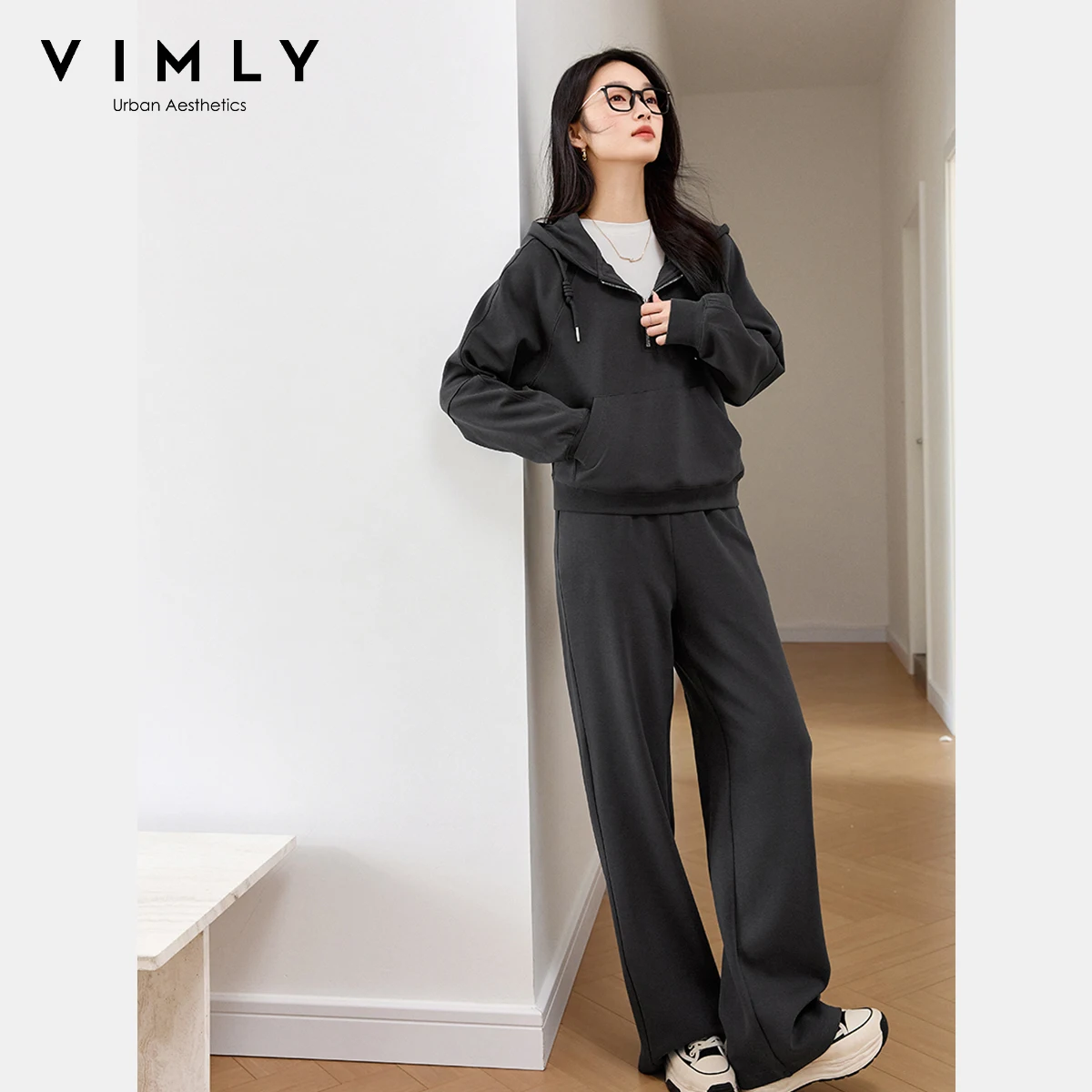 VIMLY Hosen-Sets für Damen, 2-teilig, sportlich, Herbst 20225, mit Kapuze, Kordelzug, Oberteile, lässig, weite Beine, lange Hosen, Damen-Hosen-Sets M8373