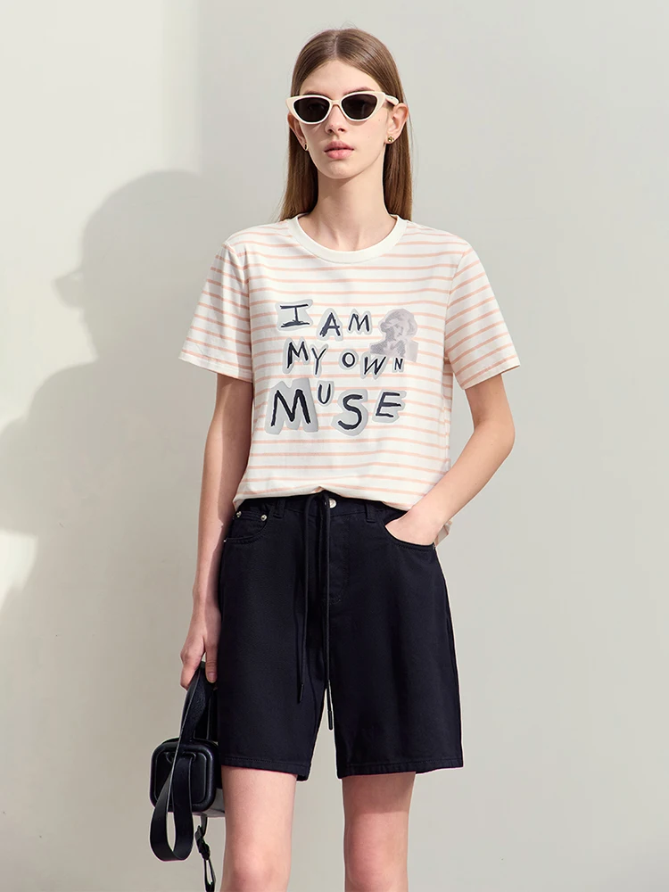 Amii Minimalism 2024 Summer New O-Neck T-shirt Women French Art Portrait Letter Print Striped Shirt Cotton Stretch Tops 12412018