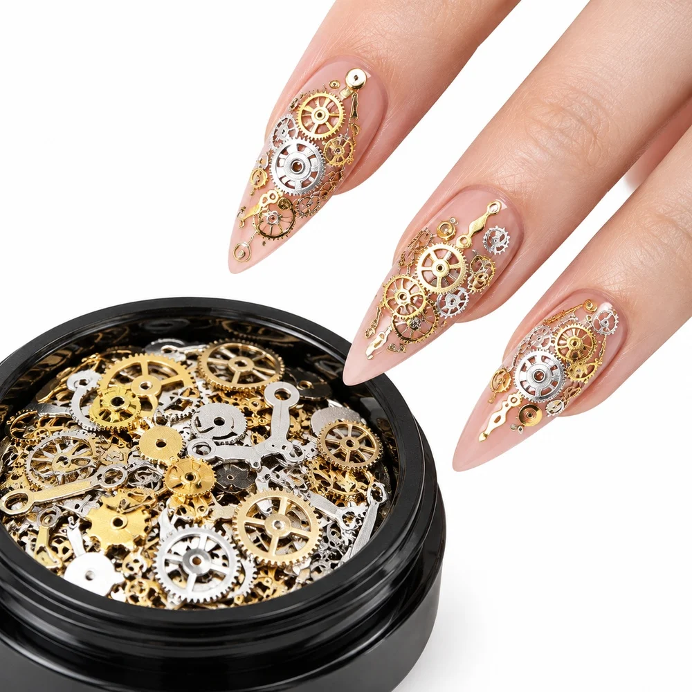 120Pcs Punk Gold Nail Decorations Steampunk Silver Gears Cogs Clock Watch Hands Screws Alloy Rivet 3D Nail Studs Salon Supplies
